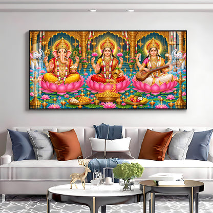 Divine Lord Ganesha, Goddess Lakshmi, and Goddess Saraswati Premium Acrylic Horizontal Wall Art