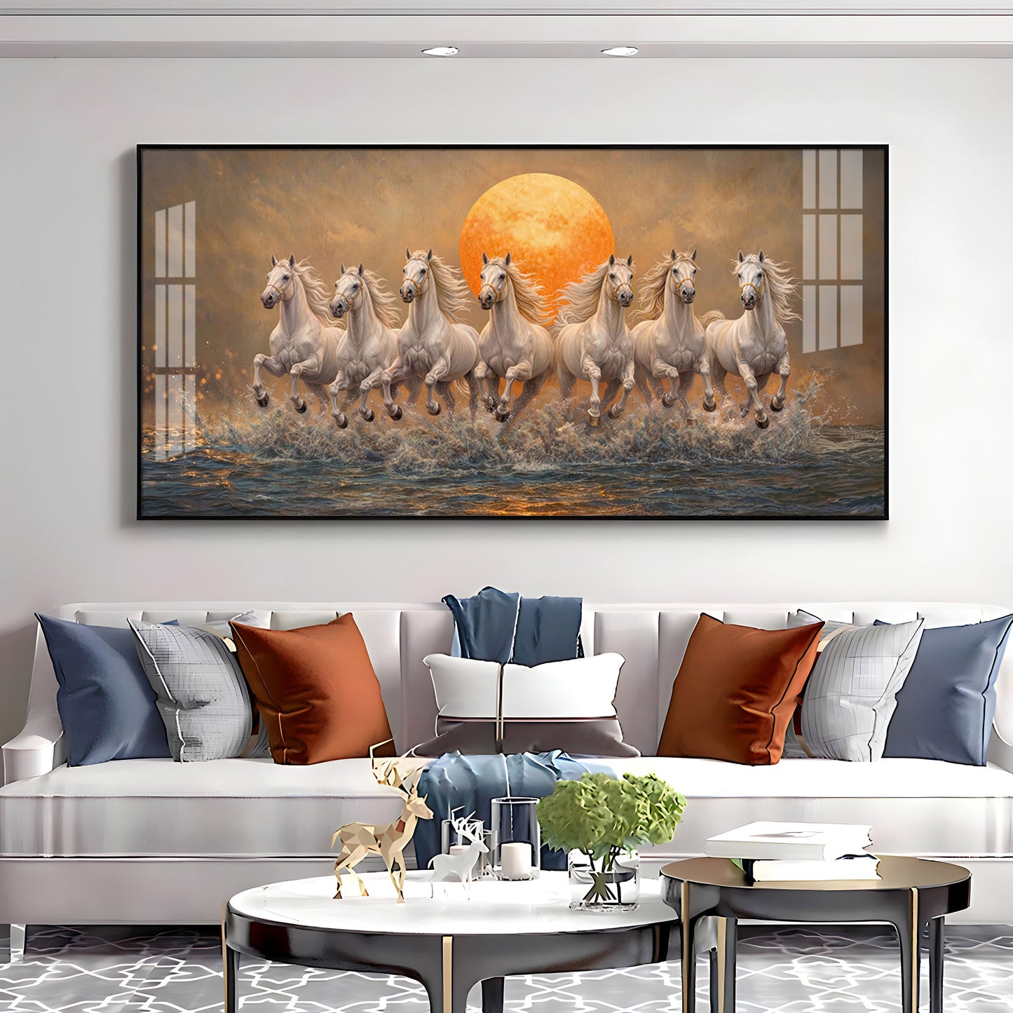 Majestic White Horses With Warm Sun Premium Acrylic Horizontal Wall Art