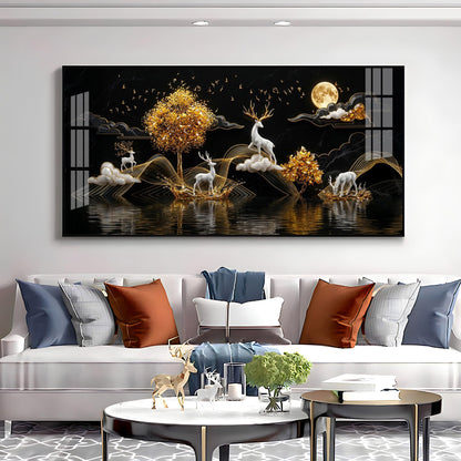 Moonlit Golden Deer Night Theam Premium Acrylic Horizontal Wall Art