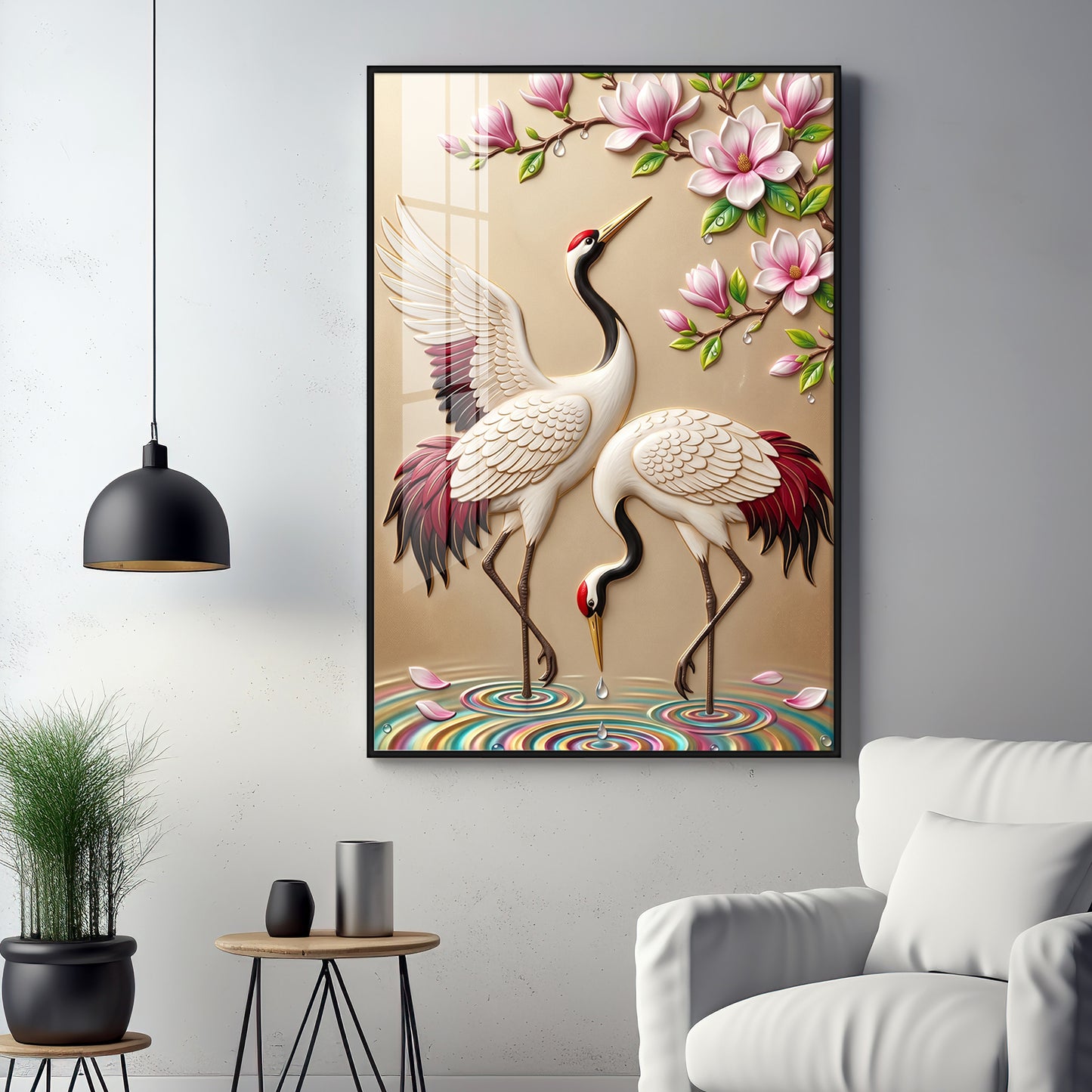 Dancing Cranes & Cherry Blossom Premium Acrylic Vertical Wall Art