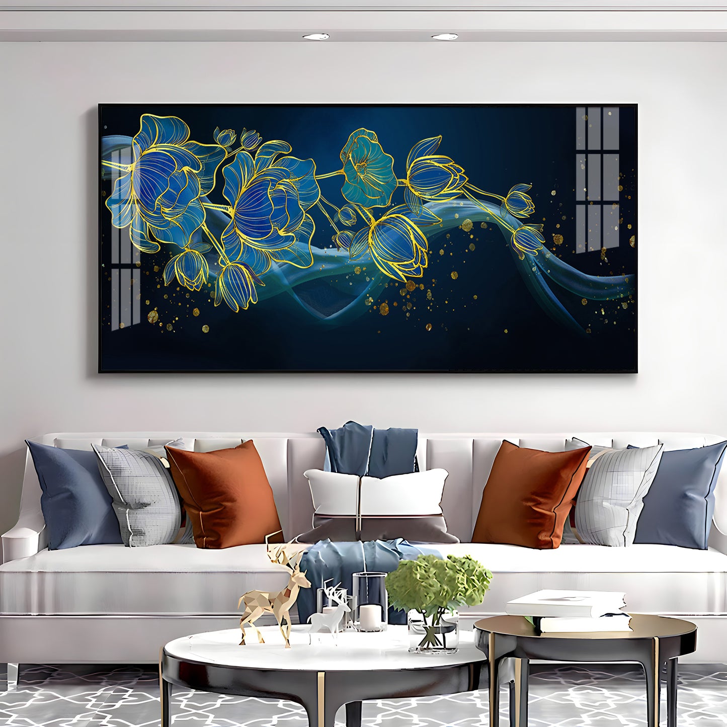 Lotus Flowers In Blue Tones Premium Acrylic Horizontal Wall Art