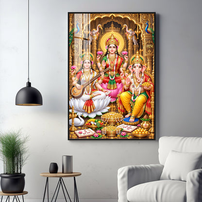 Maa Lakshmi, Ganesha and Saraswati Premium Acrylic Vertical Wall Art