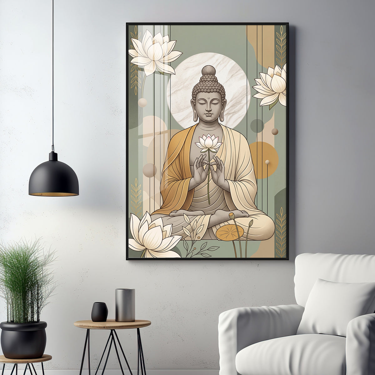 Meditating Buddha & White Lotus Premium Acrylic Vertical Wall Art