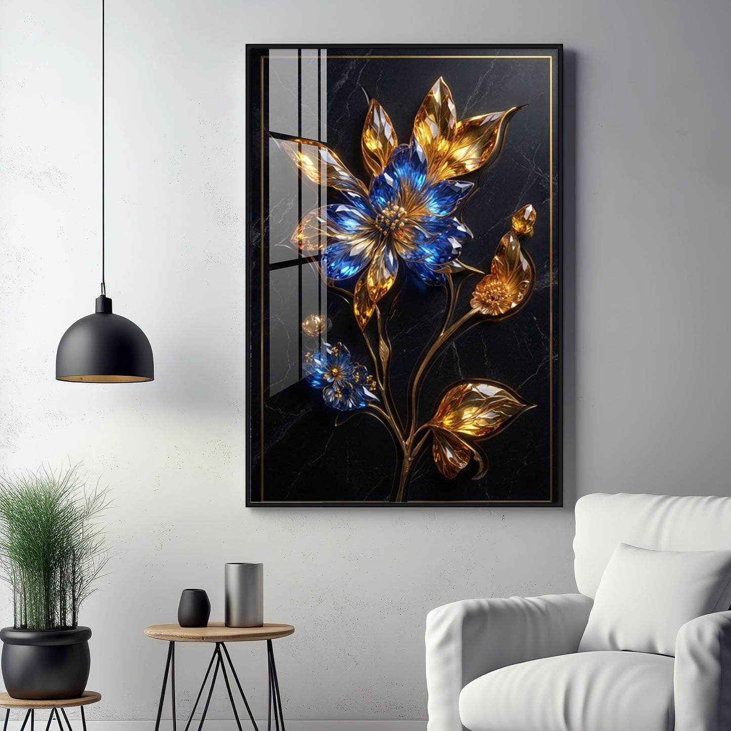 Blue & Gold Flower Premium Acrylic Vertical Wall Art