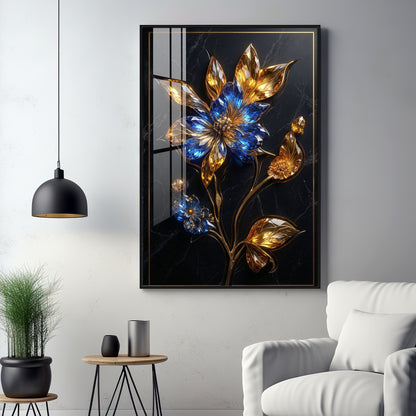 Blue & Gold Flower Premium Acrylic Vertical Wall Art