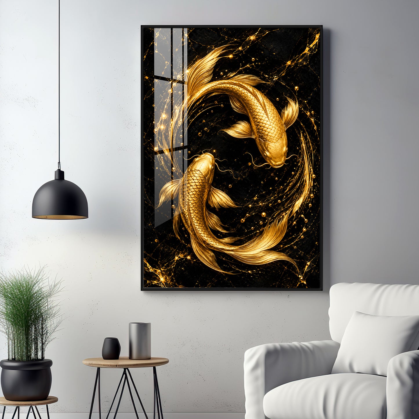 Two Luminous Golden Koi Premium Acrylic Vertical Wall Art