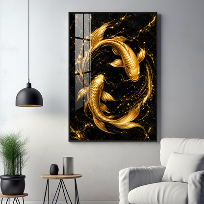 Two Luminous Golden Koi Premium Acrylic Vertical Wall Art