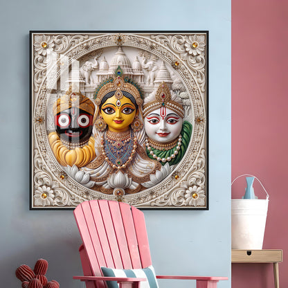 Lord Jagannath, Subhadra, & Balabhadra Premium Acrylic Square Wall Art