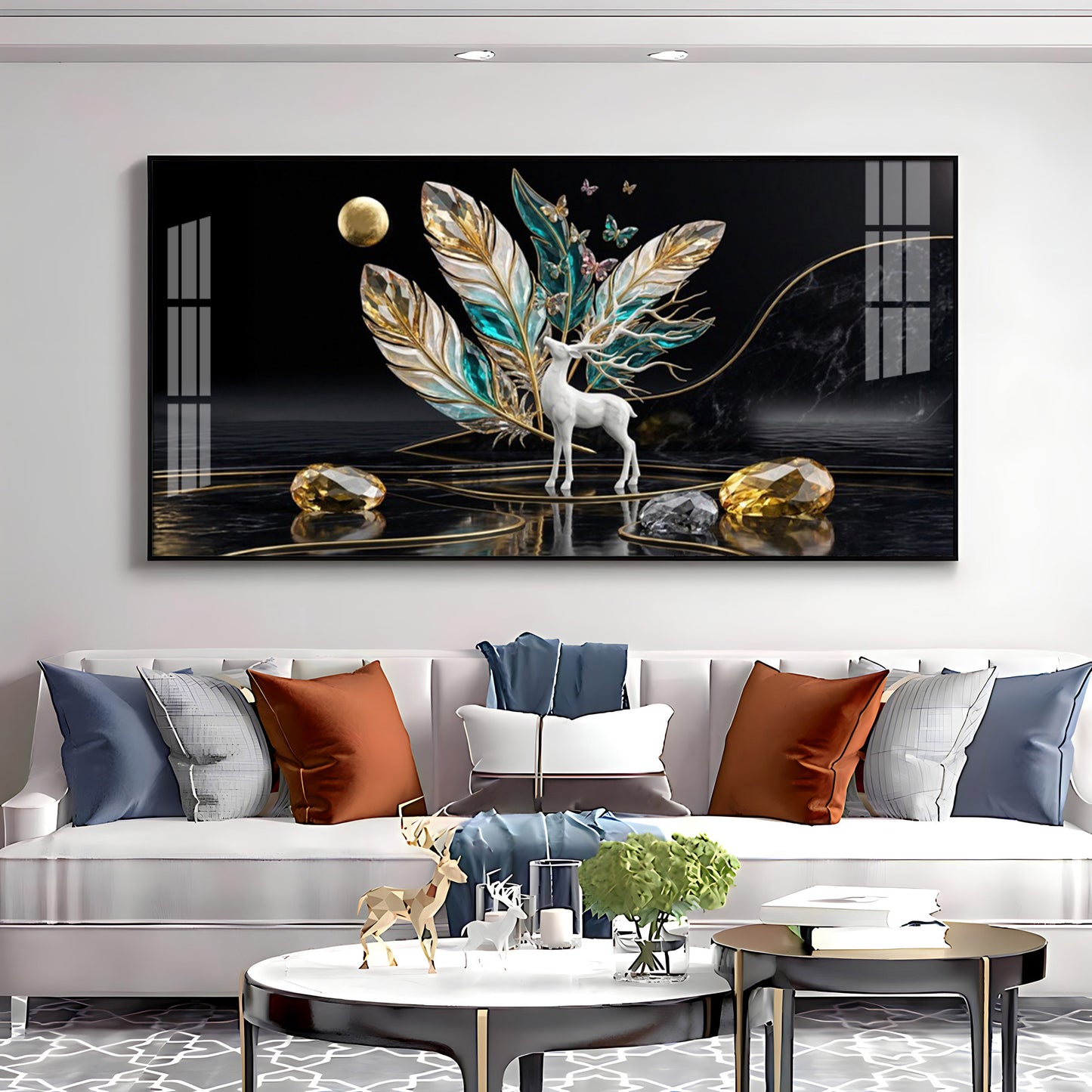 White Deer With Feathers Premium Acrylic Horizontal Wall Art