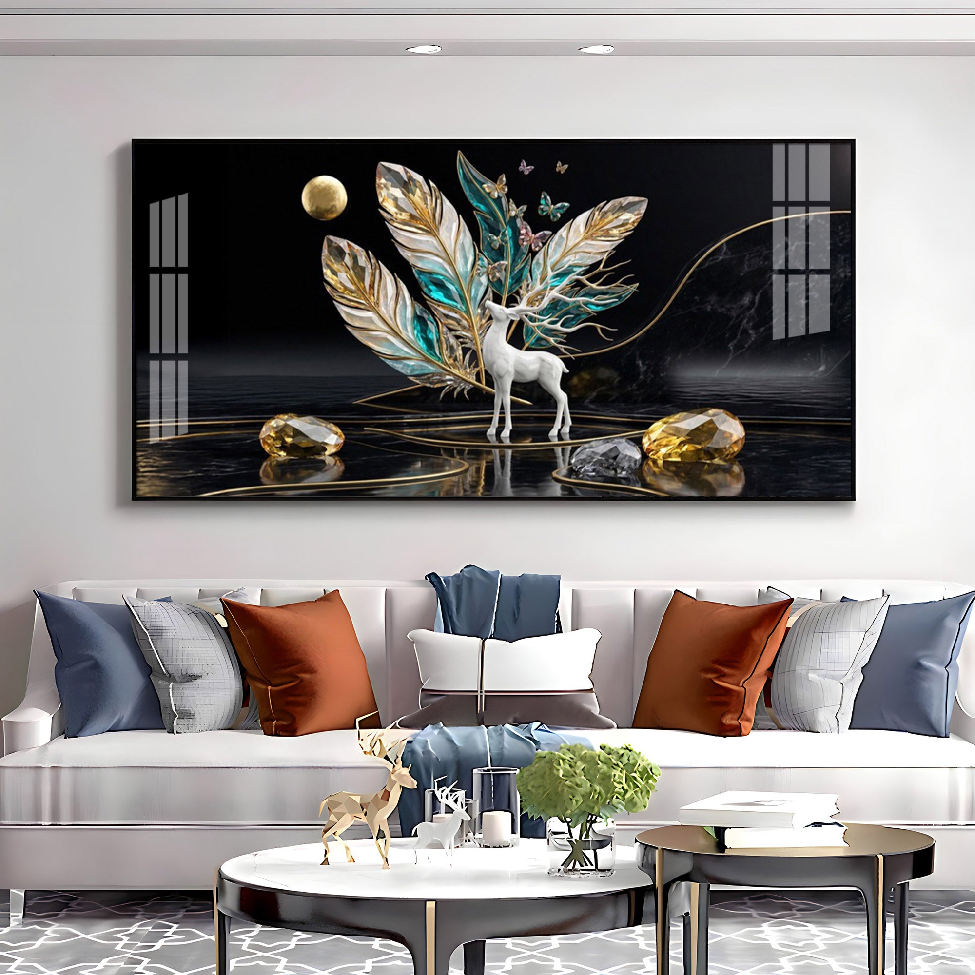 White Deer With Feathers Premium Acrylic Horizontal Wall Art