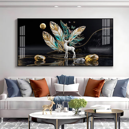 White Deer With Feathers Premium Acrylic Horizontal Wall Art