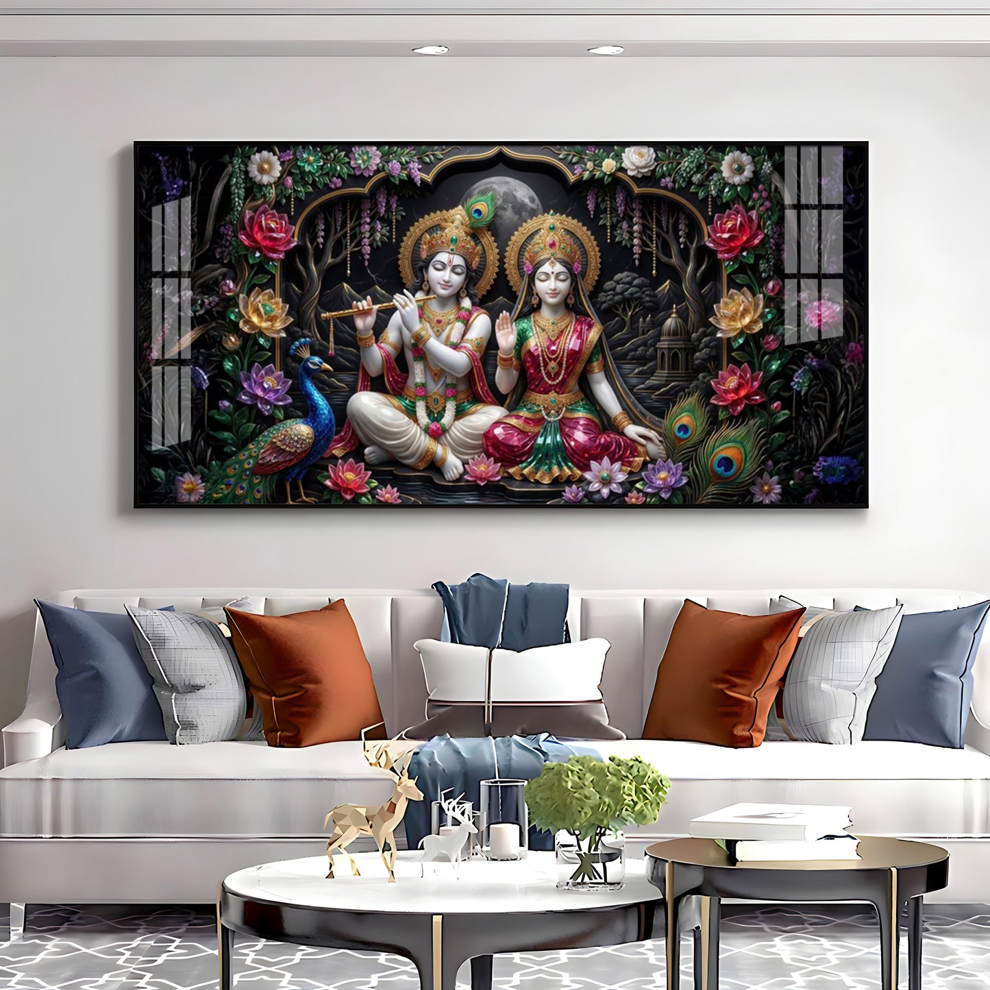 Radha Krishna Ji With Peacock Premium Acrylic Horizontal Wall Art