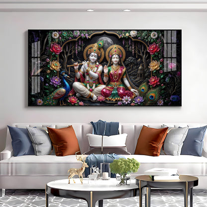 Radha Krishna Ji With Peacock Premium Acrylic Horizontal Wall Art