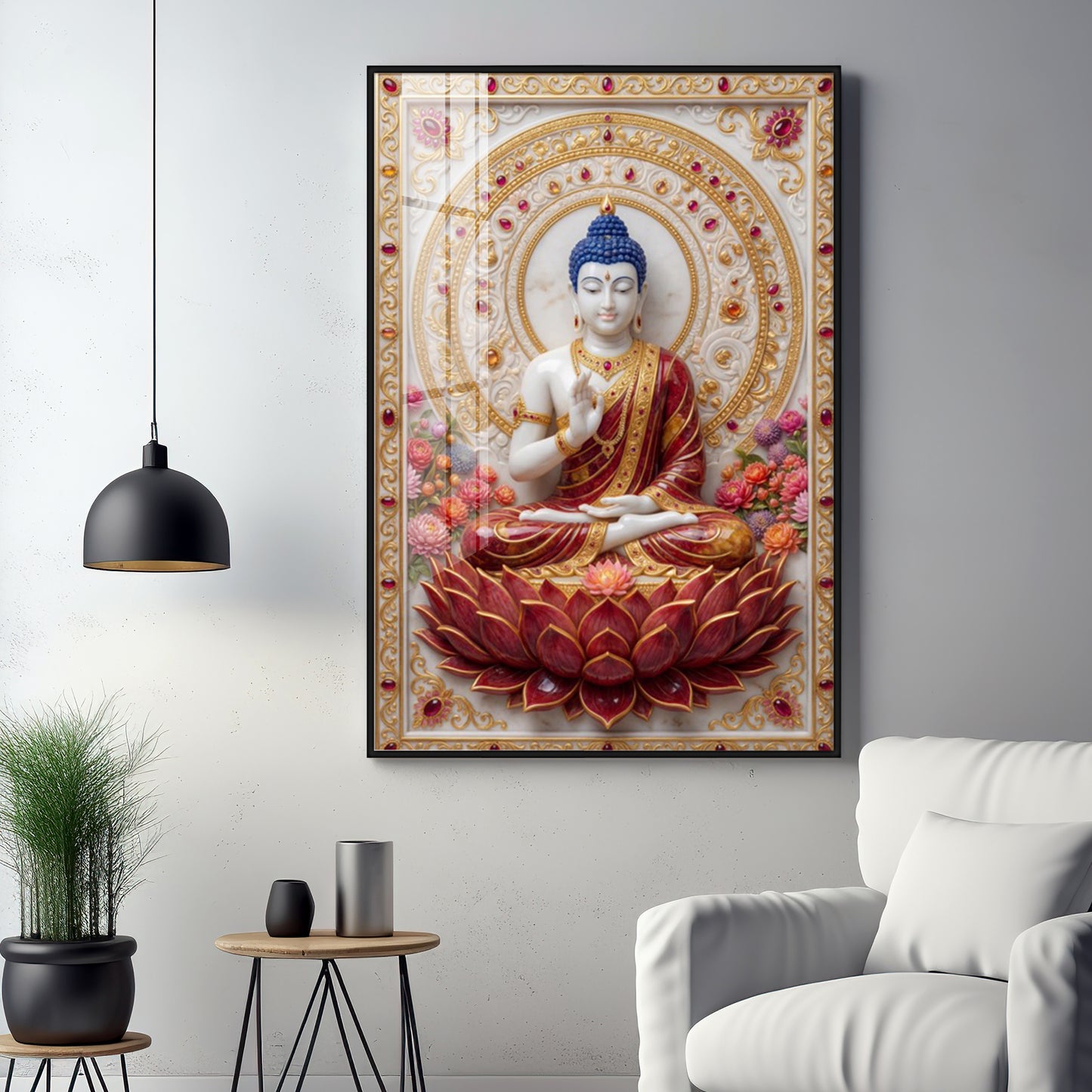 Divine Serenity Buddha On Red Lotus Premium Acrylic Vertical Wall Art