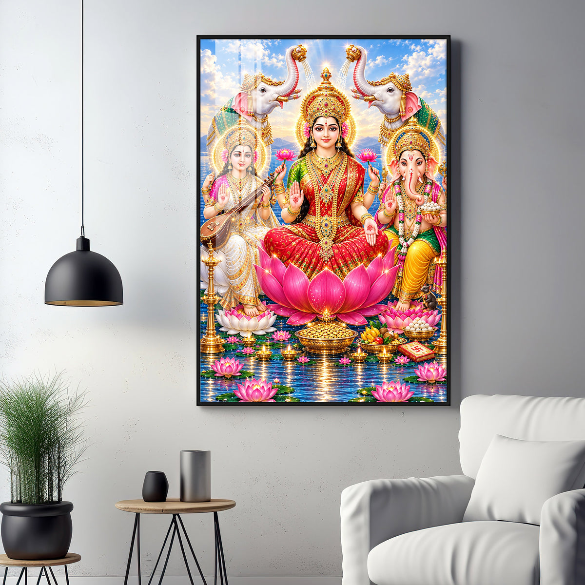 Maa Lakshmi, Saraswati & Ganesha Premium Acrylic Vertical Wall Art