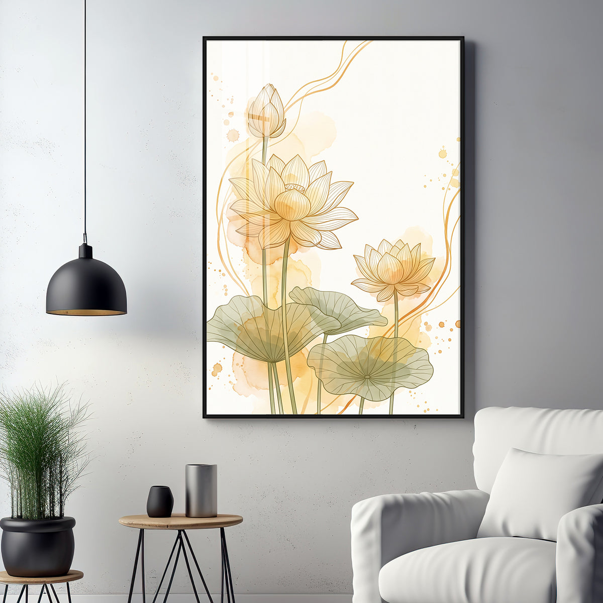 Golden Lotus Line Art Premium Acrylic Vertical Wall Art