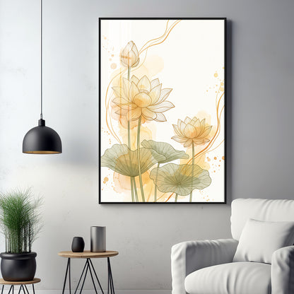 Golden Lotus Line Art Premium Acrylic Vertical Wall Art