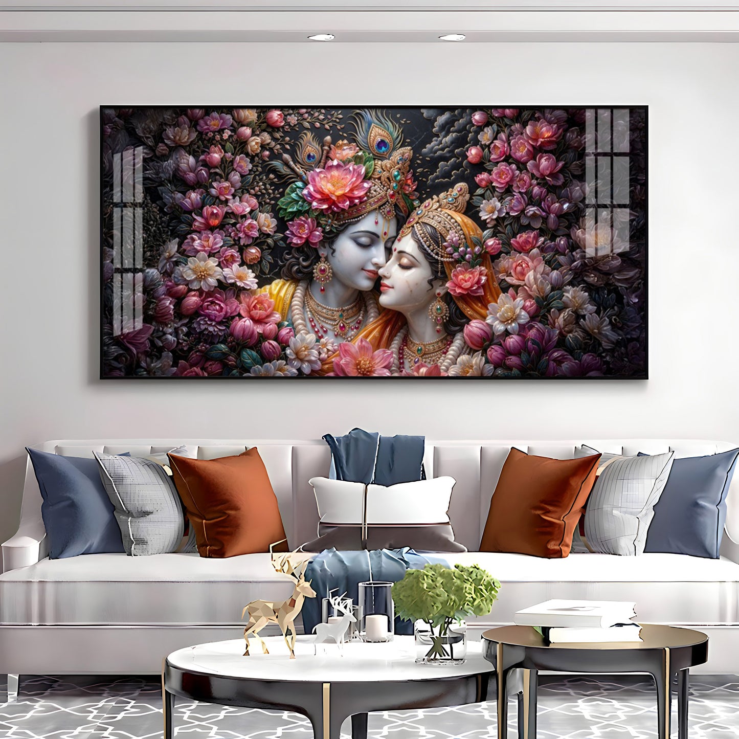 Floral Radha Krishna With Beautiful Background Premium Acrylic Horizontal Wall Art