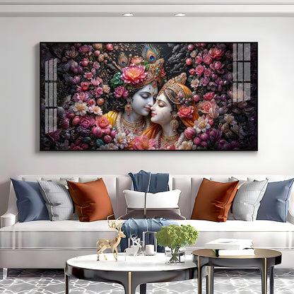 Floral Radha Krishna With Beautiful Background Premium Acrylic Horizontal Wall Art