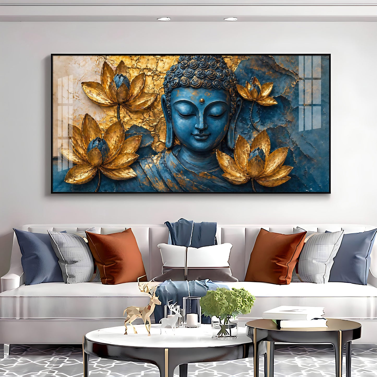 Lord Buddha Surrounded With Lotus Flowers Premium Acrylic Horizontal Wall Art