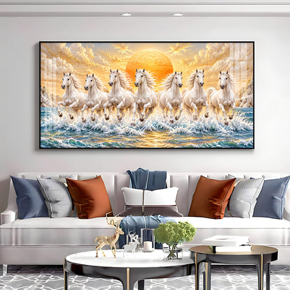 Majestic White Seven Running Horses In sun Rise Premium Acrylic Horizontal Wall Art