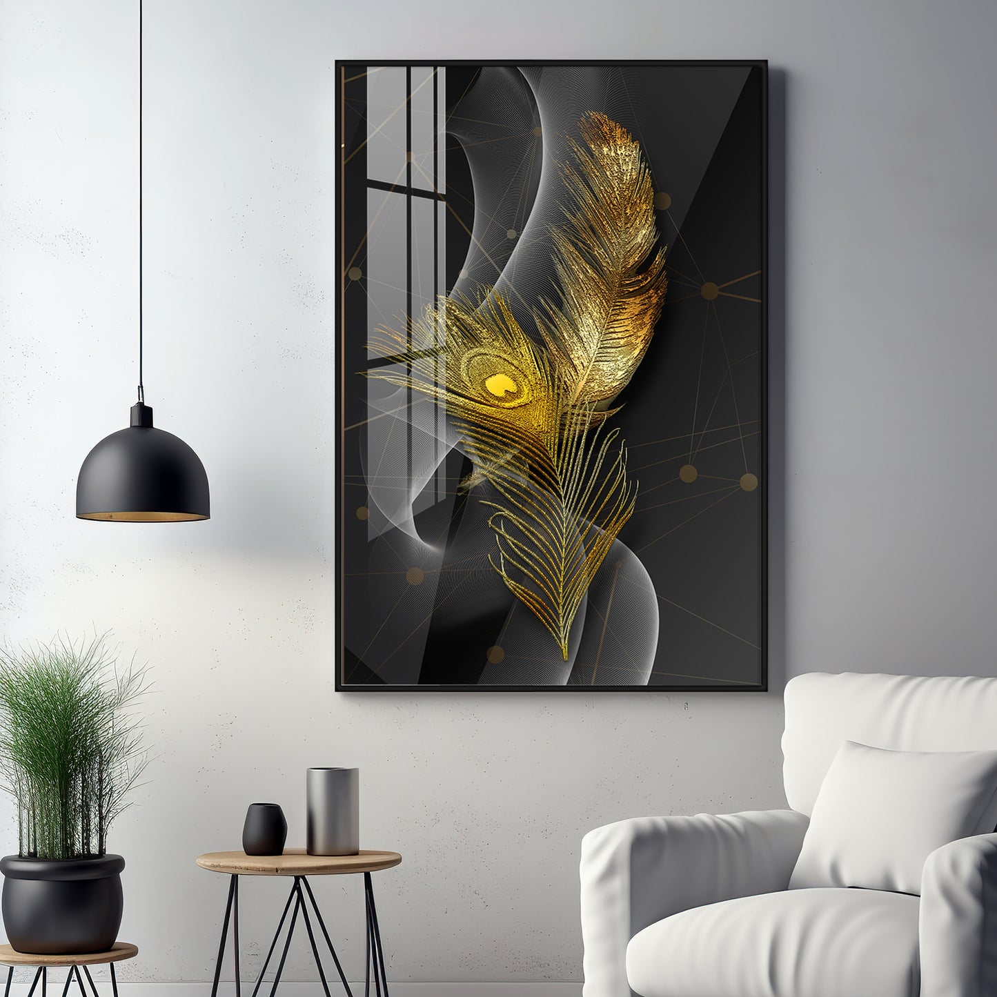 Golden Elegance Feather Premium Acrylic Vertical Wall Art
