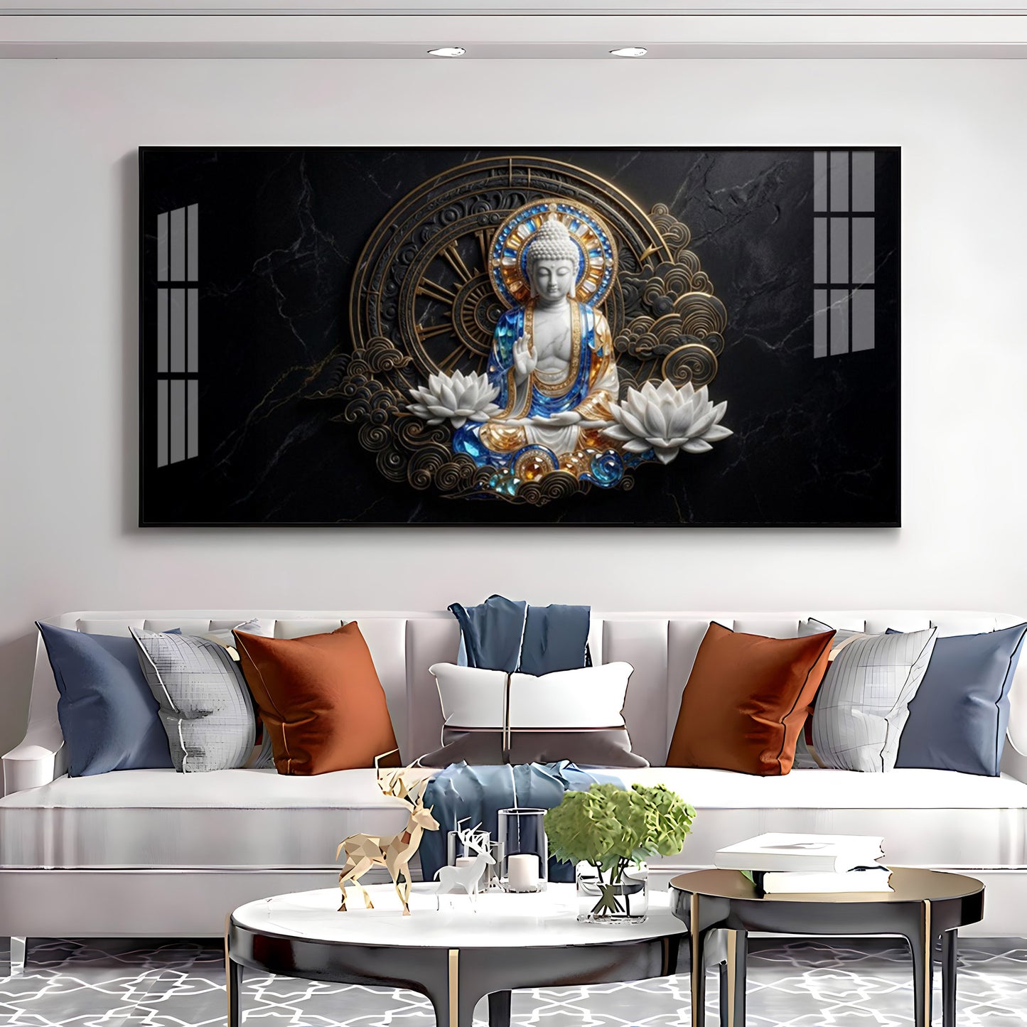 White & Gold Buddha With Flowers Premium Acrylic Horizontal Wall Art