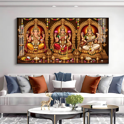 Goddess Laxmi, God Ganesh & Maa Saraswati Premium Acrylic Horizontal Wall Art