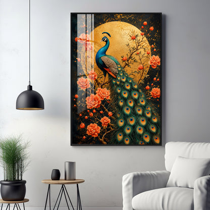 Golden Moon Peacock Premium Acrylic Vertical Wall Art