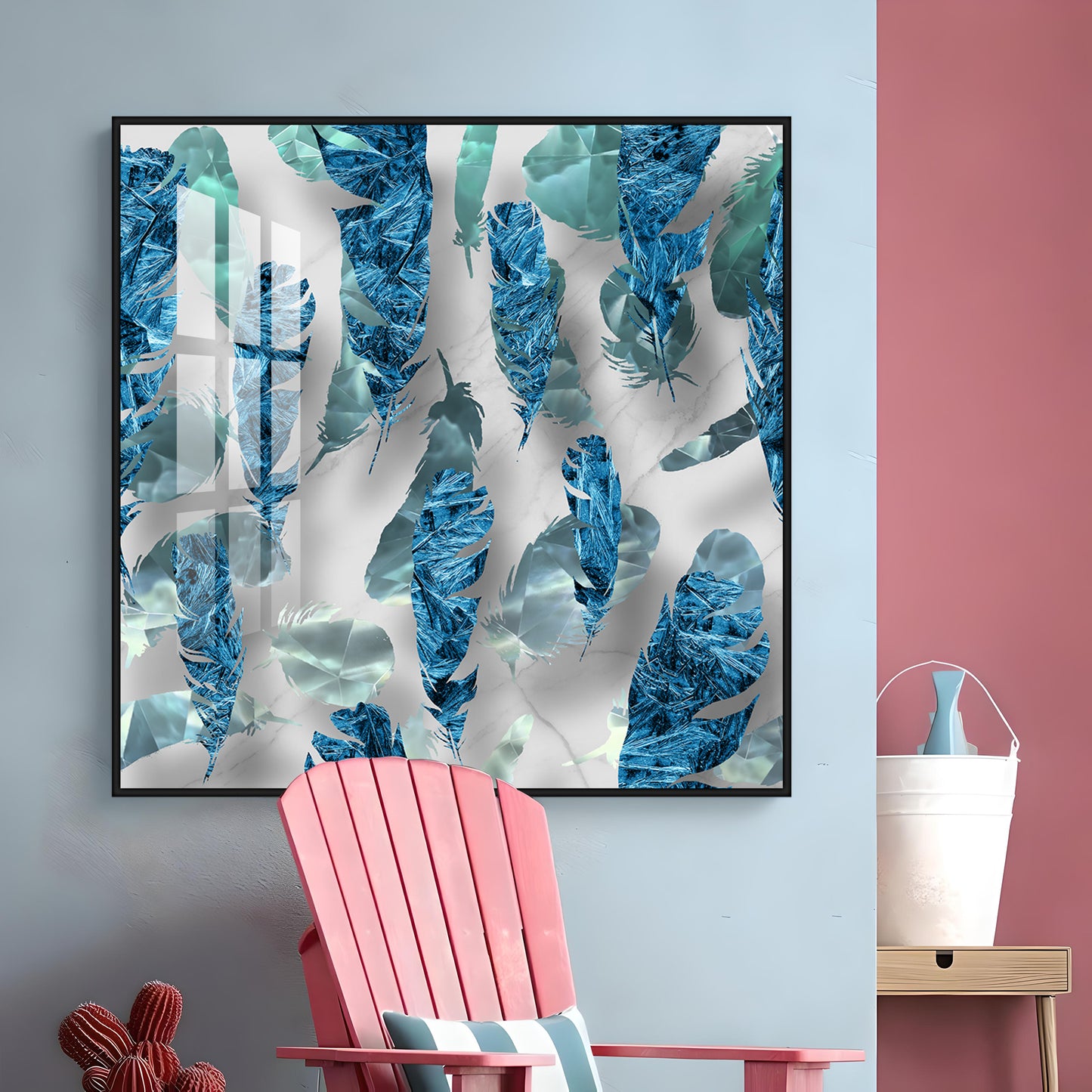 Elegant Blue Feather Premium Acrylic Square Wall Art