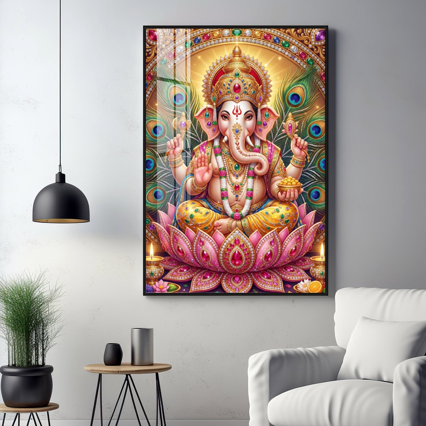 Lord Ganesha With Pink Lotus Premium Acrylic Vertical Wall Art