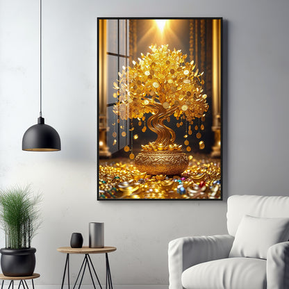 Golden Money Tree Premium Acrylic Vertical Wall Art