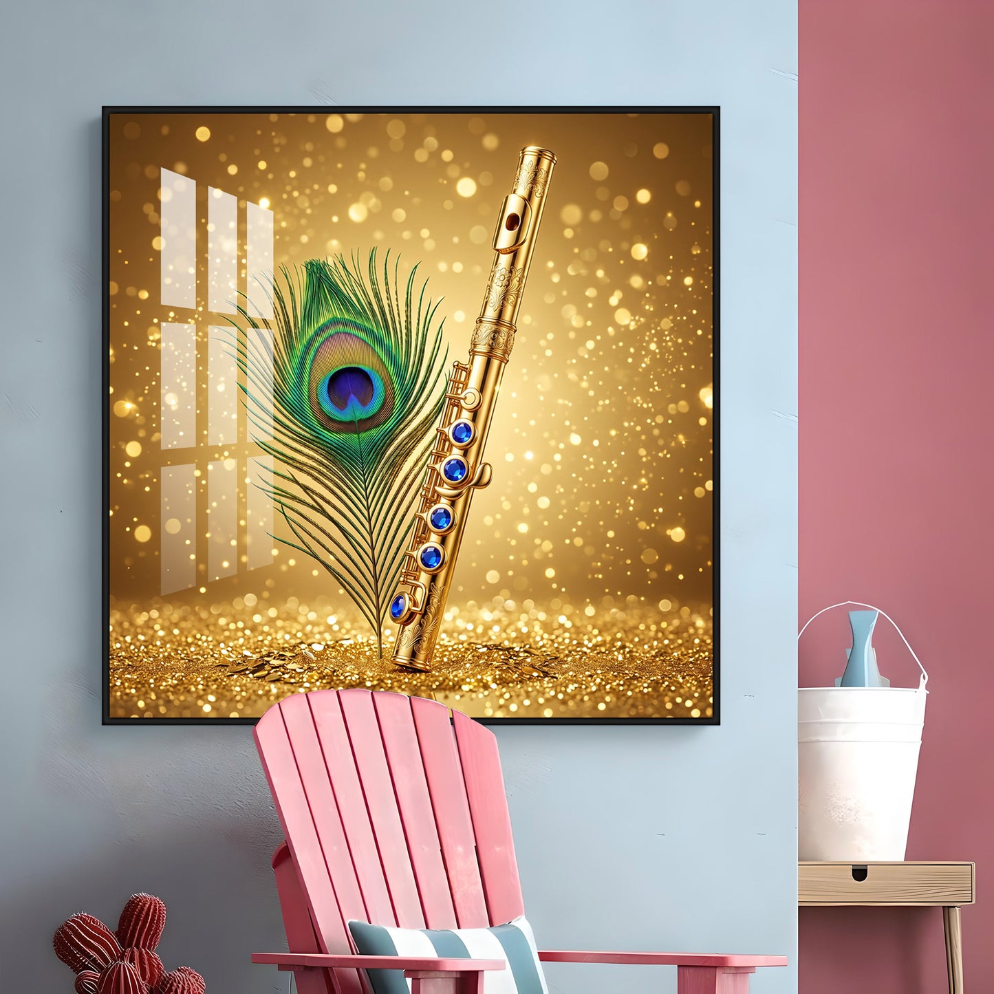 Flute With Peacock Feather Premium Acrylic Square Wall Art