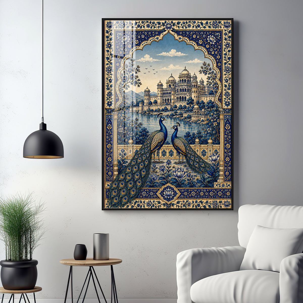 Royal Blue Peacocks & Palace Premium Acrylic Vertical Wall Art