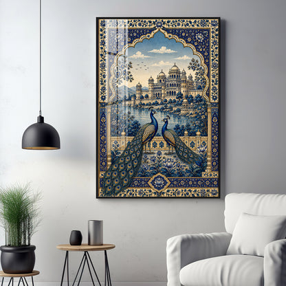 Royal Blue Peacocks & Palace Premium Acrylic Vertical Wall Art