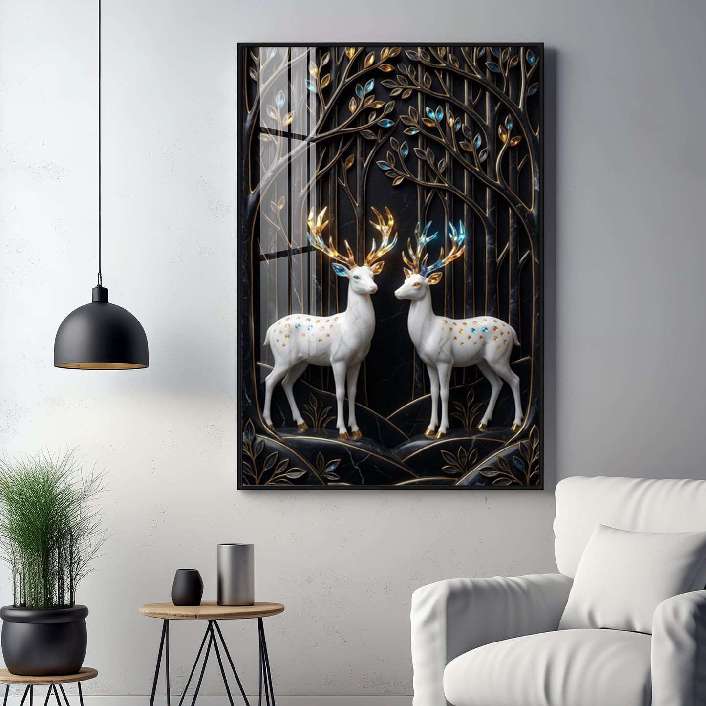 White Deers In Nature Premium Acrylic Vertical Wall Art