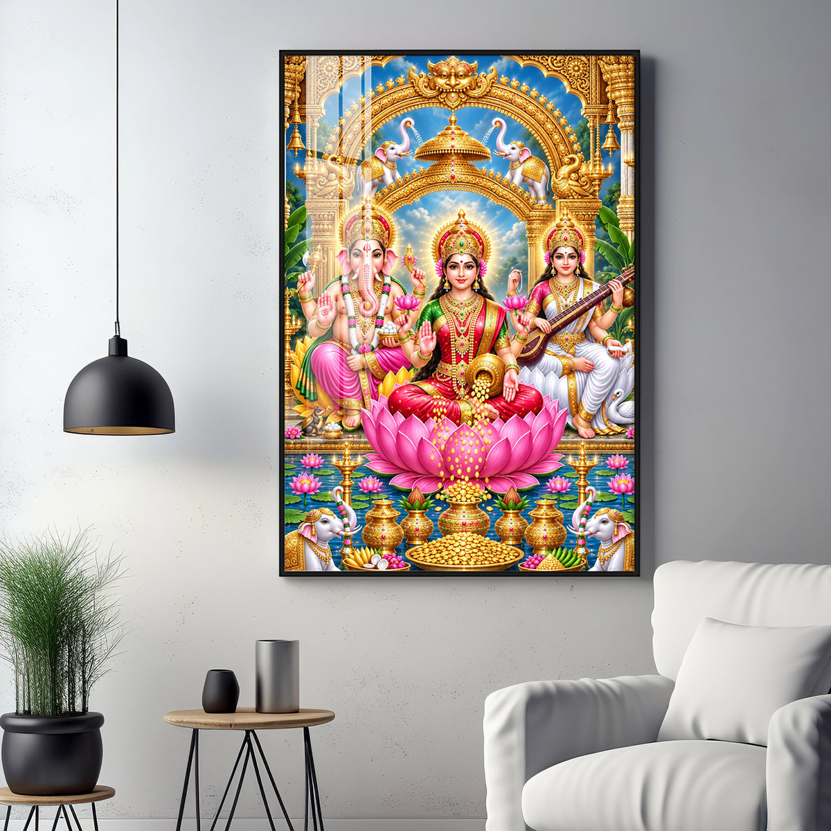 Divine Goddess Lakshmi, Lord Ganesha and Goddess Saraswati Premium Acrylic Vertical Wall Art