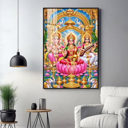 Divine Goddess Lakshmi, Lord Ganesha and Goddess Saraswati Premium Acrylic Vertical Wall Art
