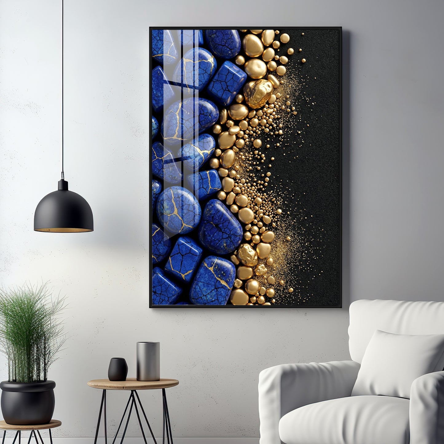 Royal Blue Stones & Gold Pebble Premium Acrylic Vertical Wall Art