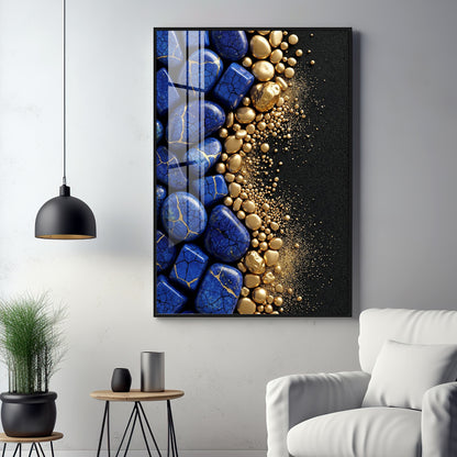 Royal Blue Stones & Gold Pebble Premium Acrylic Vertical Wall Art