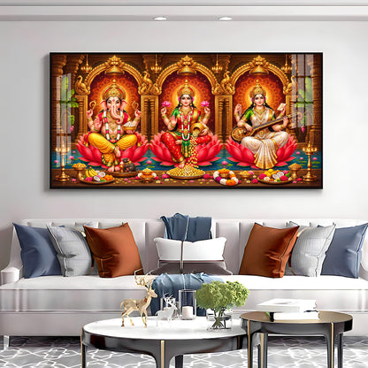 Lord Ganesha, Goddess Lakshmi and Goddess Saraswati Premium Acrylic Horizontal Wall Art