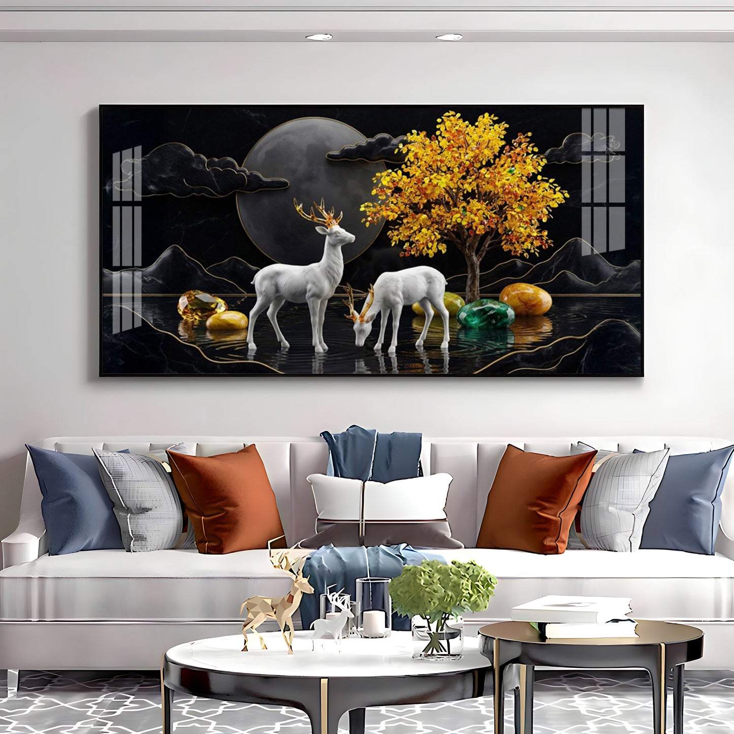 White Deer With Golden Horns Premium Acrylic Horizontal Wall Art