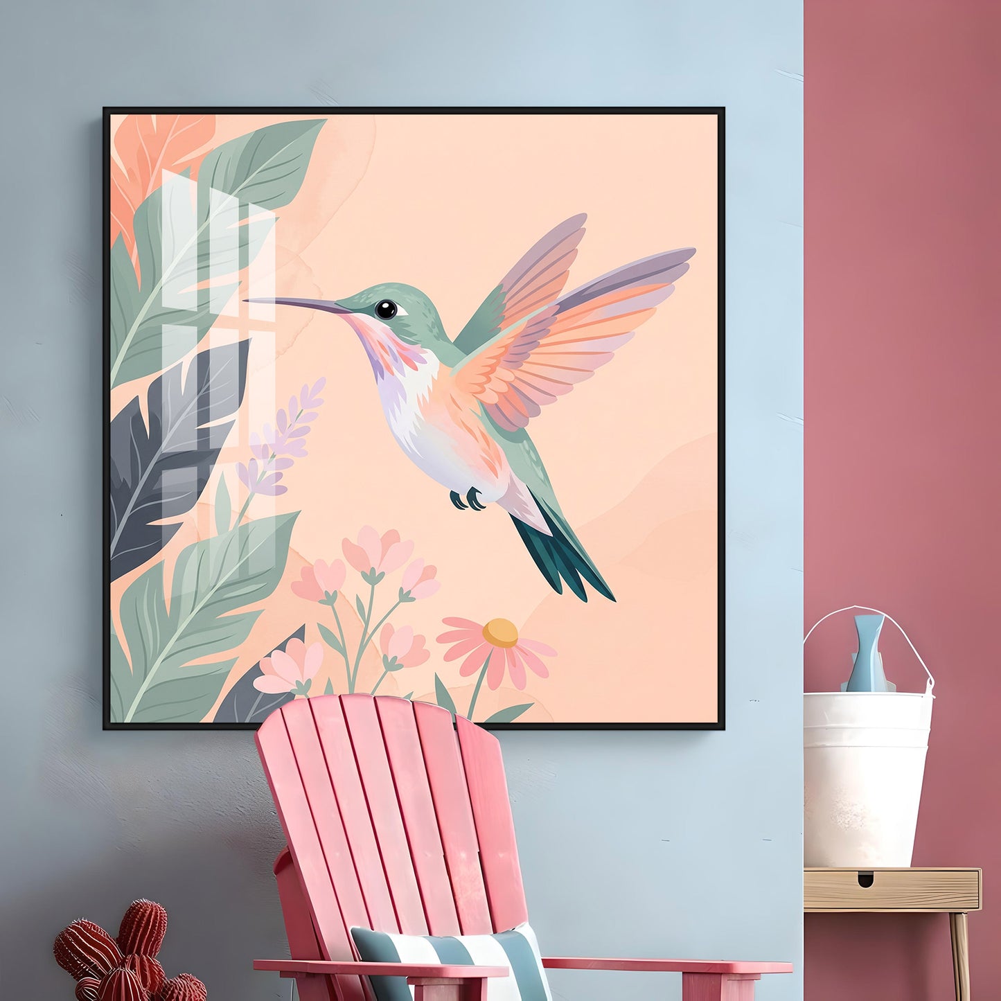 Hummingbird In Flight & Flowers Premium Acrylic Square Wall Art