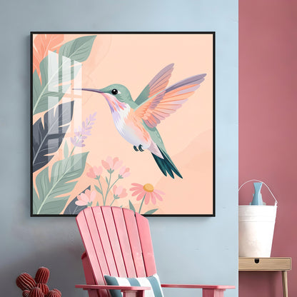 Hummingbird In Flight & Flowers Premium Acrylic Square Wall Art