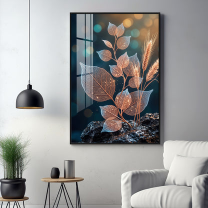 Glowing Vein Leaf & Wheat Premium Acrylic Vertical Wall Art