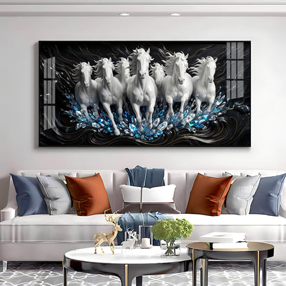 White Seven Running Horses Motivational Premium Acrylic Horizontal Wall Art
