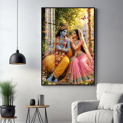 Lord Krishna Holding A Flute With Radha Premium Acrylic Vertical Wall Art