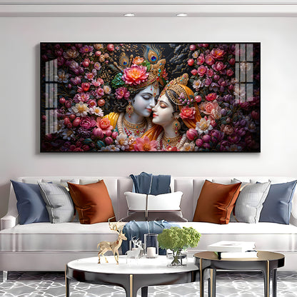 Floral Radha Krishna With Beautiful Background Premium Acrylic Horizontal Wall Art