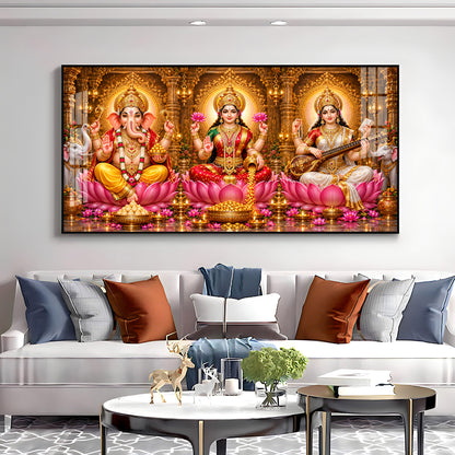 Lord Ganesha, Goddess Lakshmi & Goddess Saraswati Premium Acrylic Horizontal Wall Art