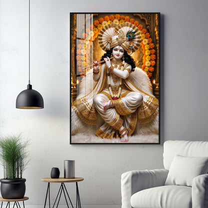Beautiful Lord Krishna Playing The Flute Premium Acrylic Vertical Wall Art
